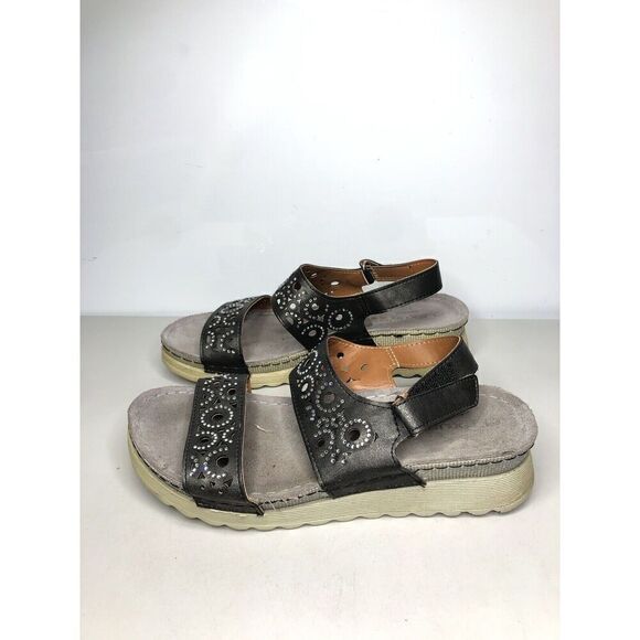 Flexus Spring Step Anatomic Black Leather Rhinestone Strap Sandals Women 8US/39 - Picture 9 of 14